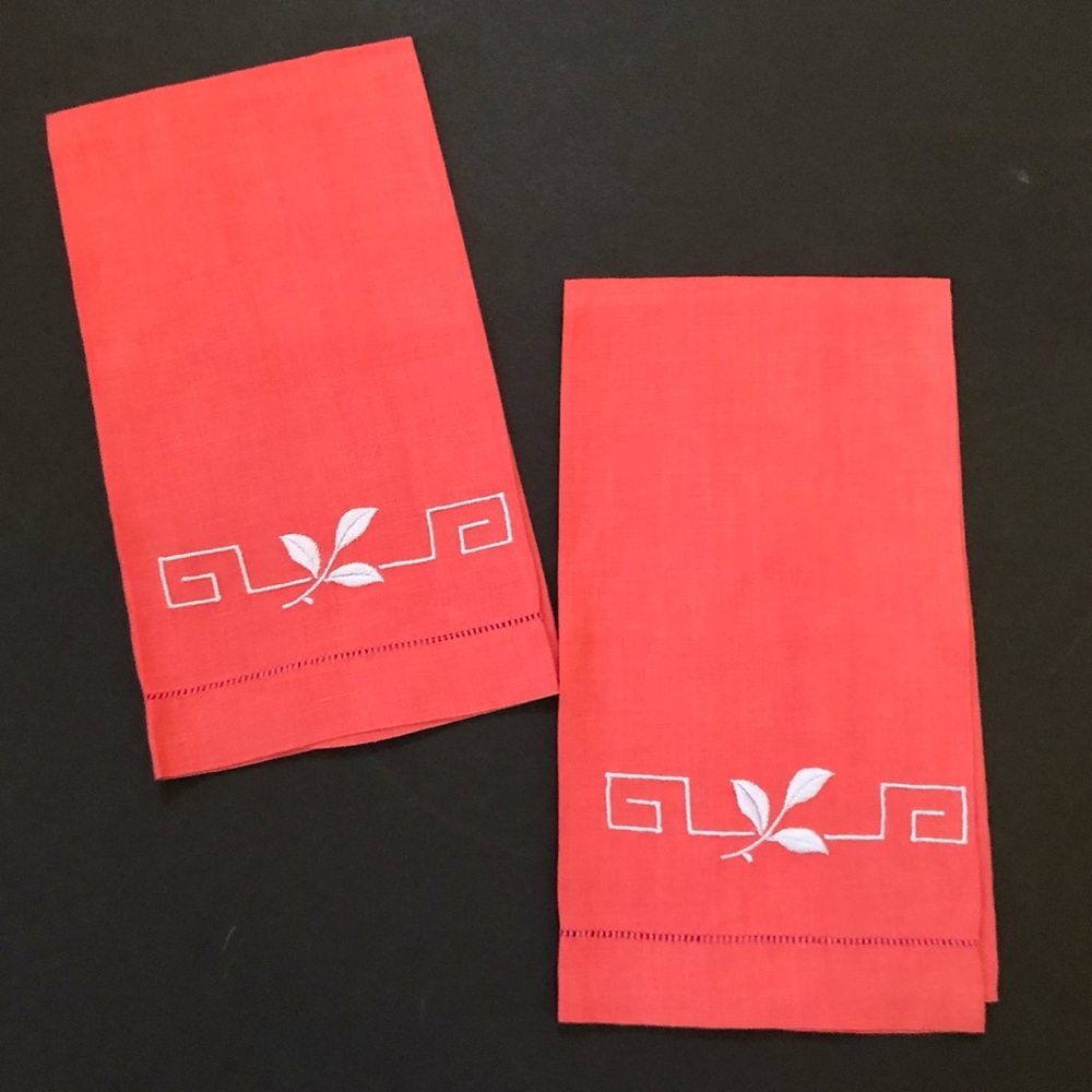 (2) Vintage Linen Red Hemstitched Geo Botanical Embroidered Guest Tea Towels